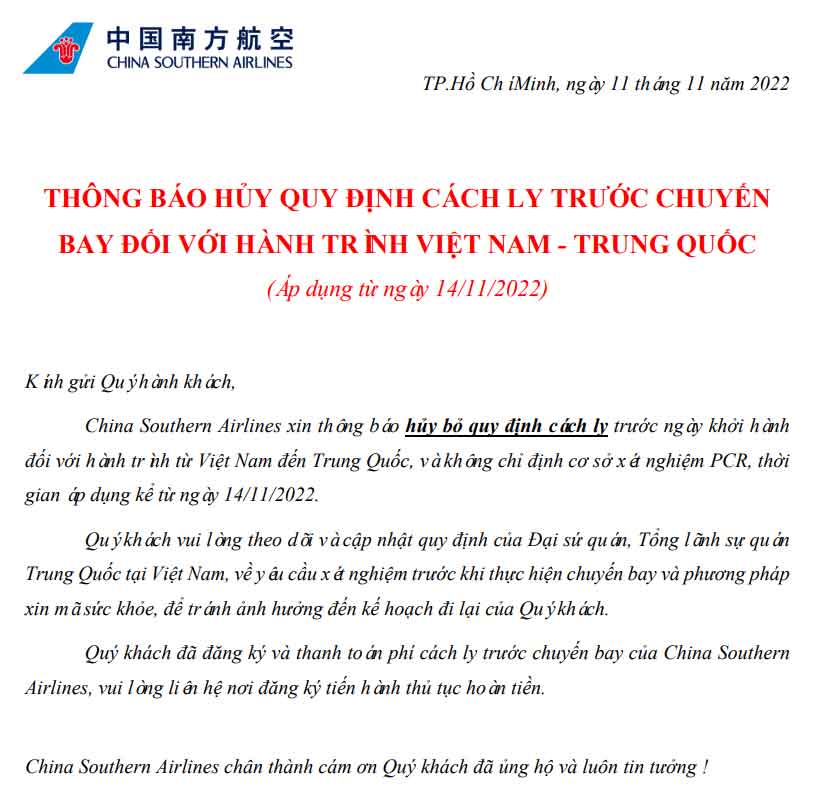 Huỷ cách ly trước chuyến bay Việt Nam – Trung Quốc